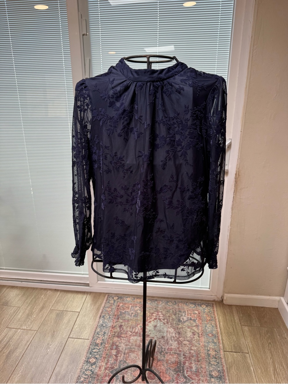 DR2 Navy Floral Embroidered Sheer Blouse with bow in back